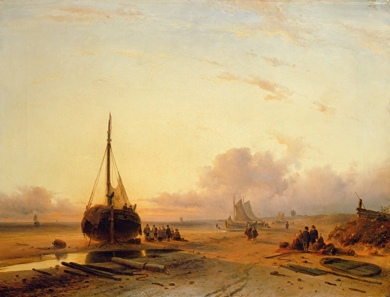 Charles Leickert - Scena di spiaggia con barche da pesca